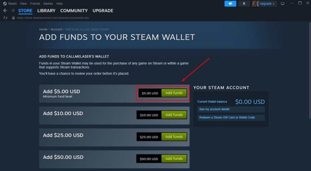 شاشة اختيار مبلغ محفظة Steam