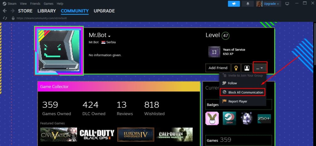خيار حظر الاتصال في Steam