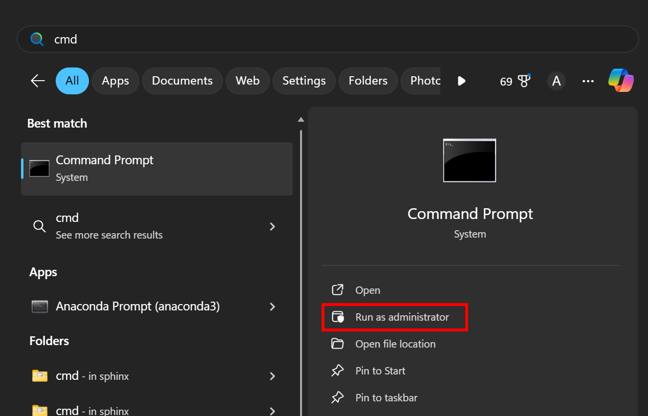 افتح موجه الأوامر كمسؤول