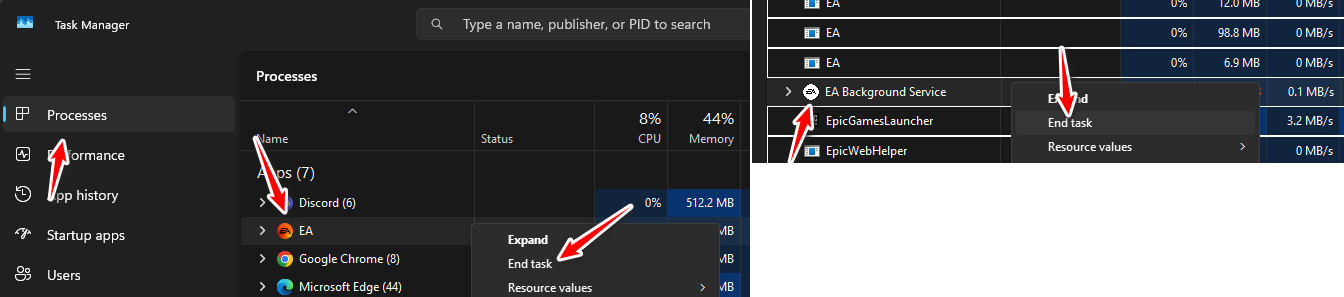 إنهاء عمليات EA في Task Manager