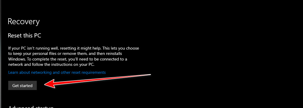انقر فوق البدء لبدء عملية إعادة تعيين Windows