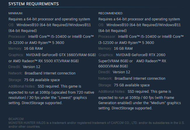 متطلبات نظام Monster Hunter Wilds على Steam