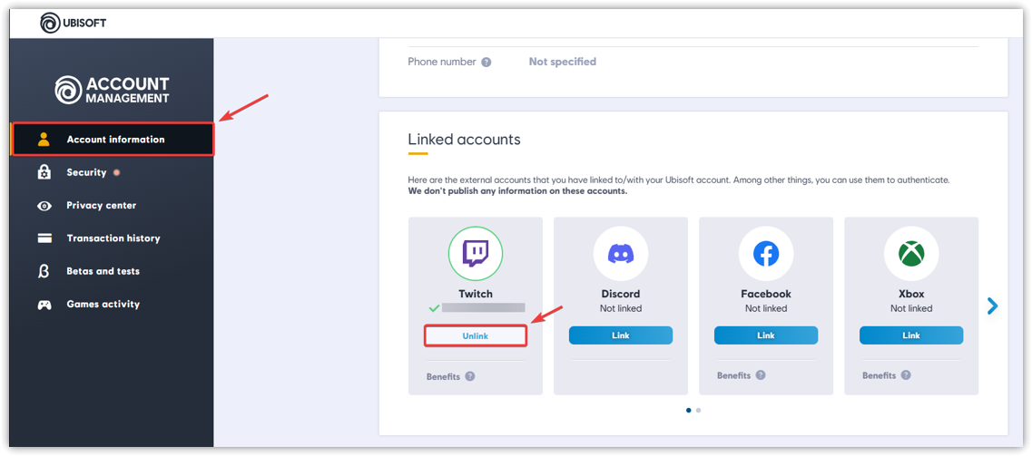 واجهة إلغاء ربط حساب Ubisoft بـ Twitch