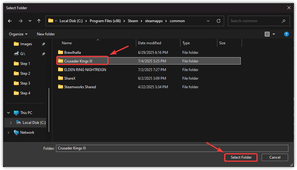 نافذة مستكشف الملفات تعرض مجلد Crusader Kings 3 المحدد لاستثناء مكافحة الفيروسات
