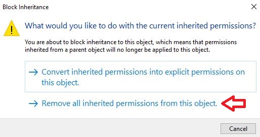 خيار إزالة كافة الأذونات الموروثة