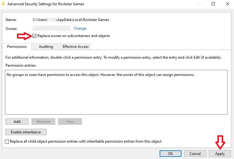 خيار استبدال المالك على الحاويات الفرعية والكائنات