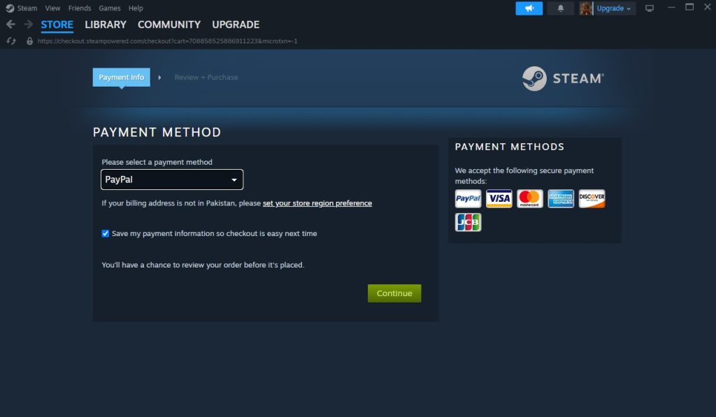 اختيار طريقة الدفع في Steam