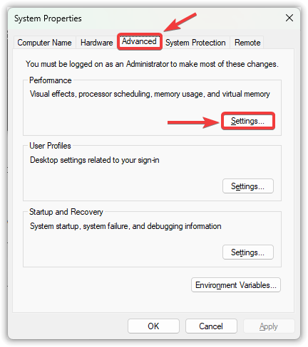 نافذة خصائص النظام في Windows تبرز علامة التبويب 