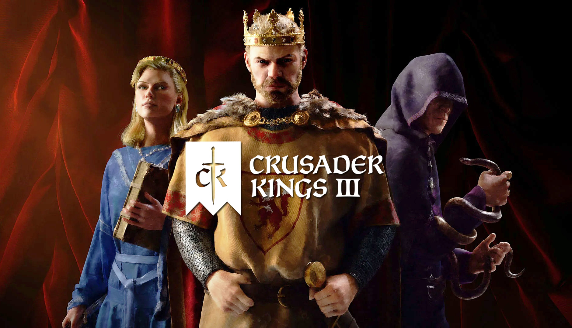 غلاف لعبة Crusader Kings 3 يظهر ملكًا وملكة ومستشارًا مع شعار اللعبة