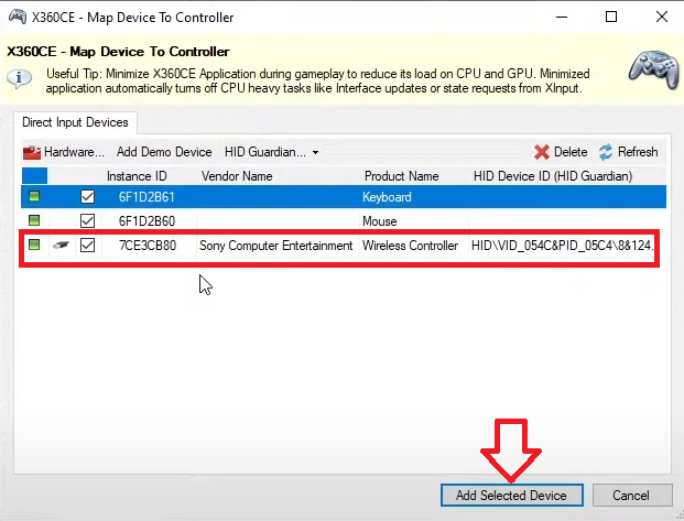 إضافة الجهاز المحدد في x360ce