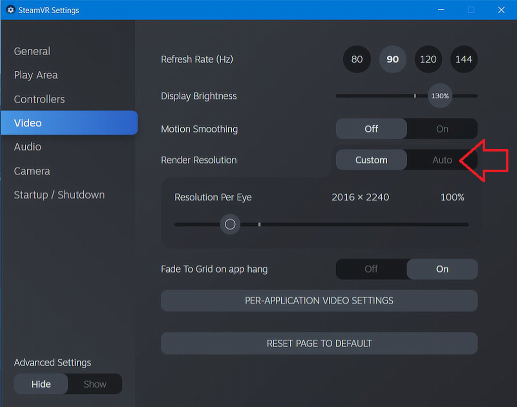 إعداد دقة عرض SteamVR