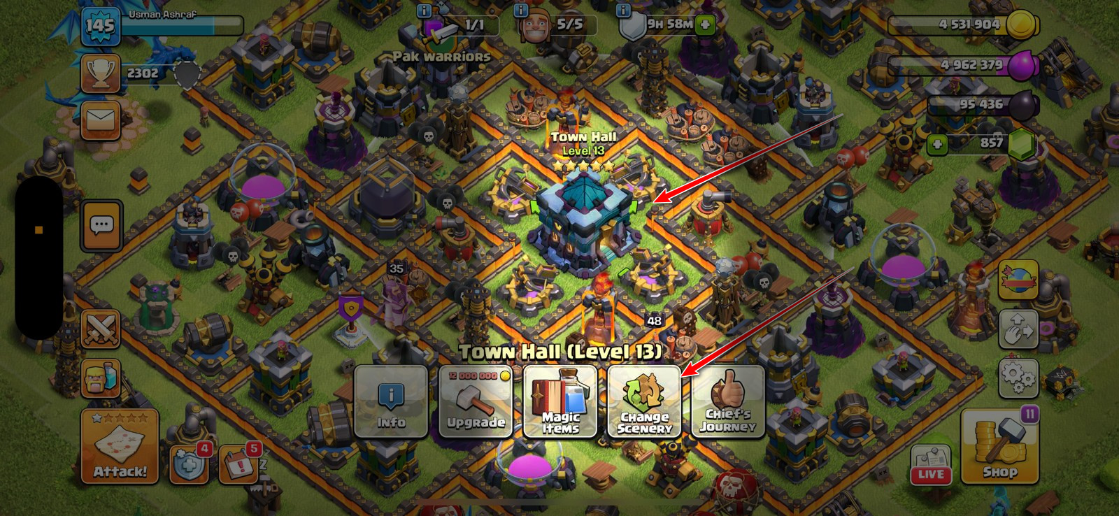 قائمة قاعة مدينة Clash of Clans التي تعرض خيار تغيير المناظر الطبيعية مميزًا لتبديل خلفيات القرية.