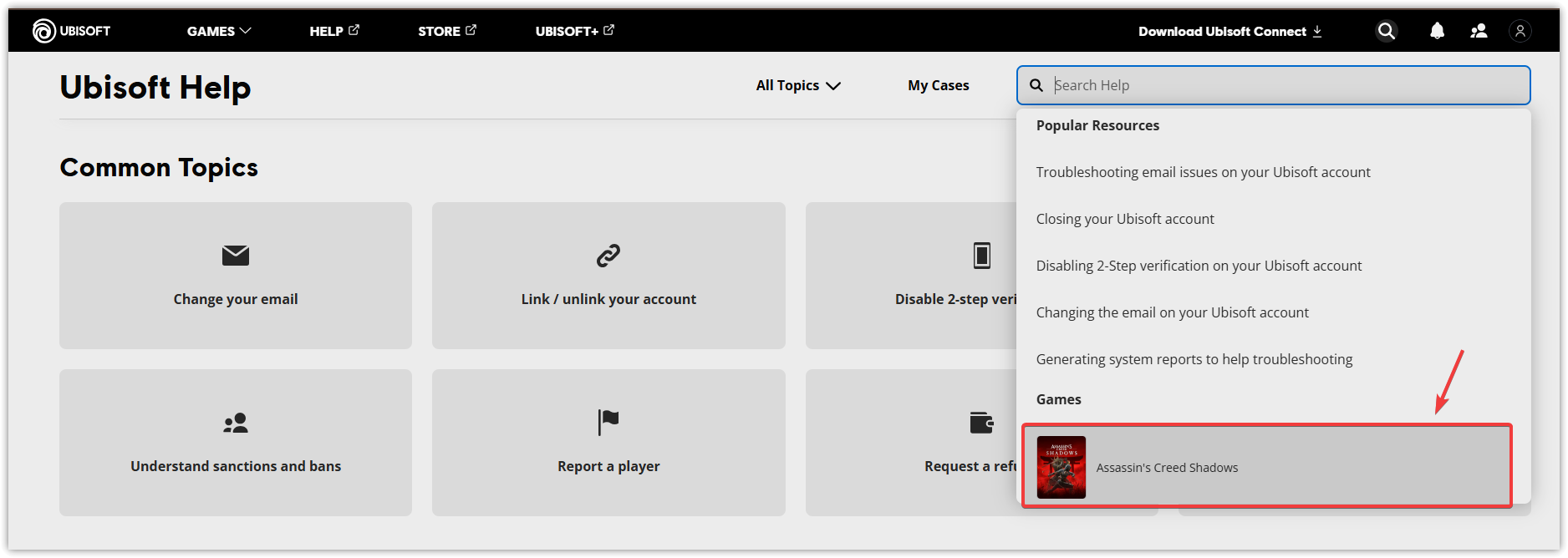 شريط بحث دعم Ubisoft للعبة Assassin's Creed Shadows