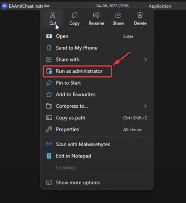 تشغيل مثبت EAAntiCheat كمسؤول
