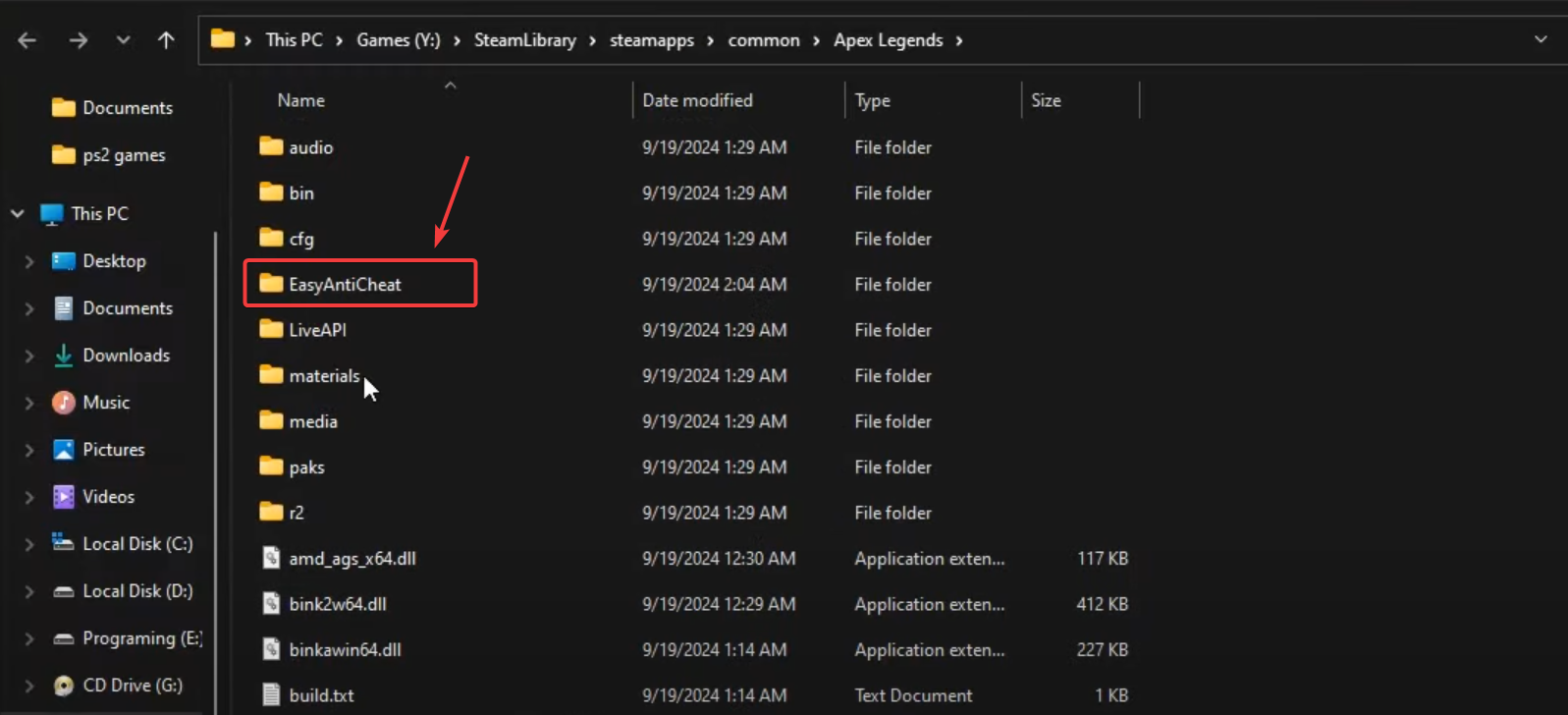 موقع مجلد EasyAntiCheat في دليل اللعبة