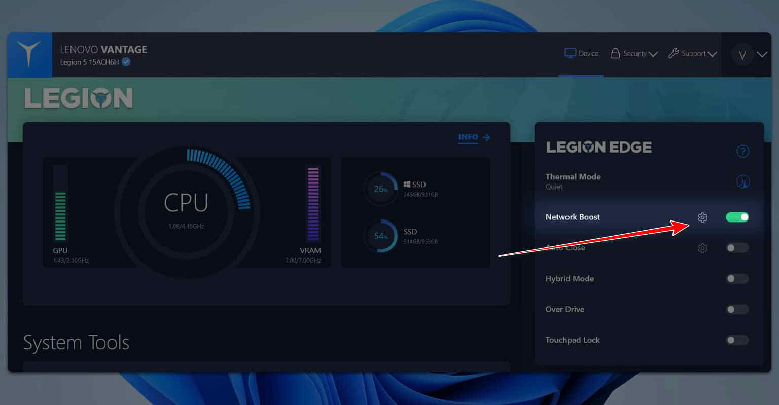 تعطيل Network Boost في Lenovo Vantage