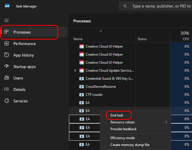 إنهاء عملية EA في مدير المهام