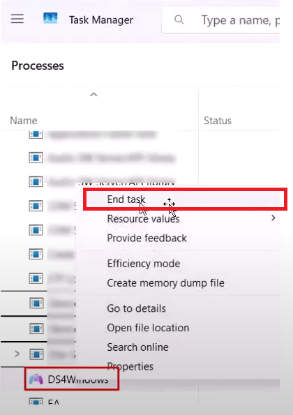 أنهِ عمليات DS4Windows في Task Manager