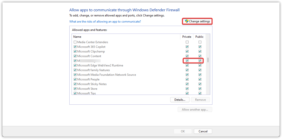 مربعات اختيار أذونات جدار الحماية