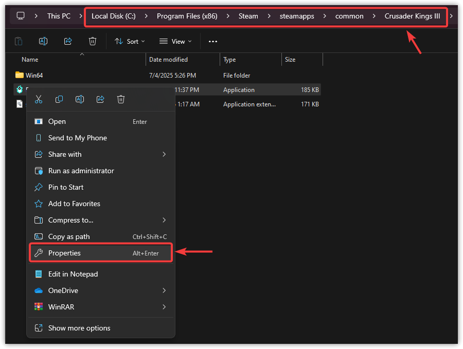 مستكشف الملفات يظهر مجلد تثبيت Crusader Kings 3 مع تحديد خيار الخصائص