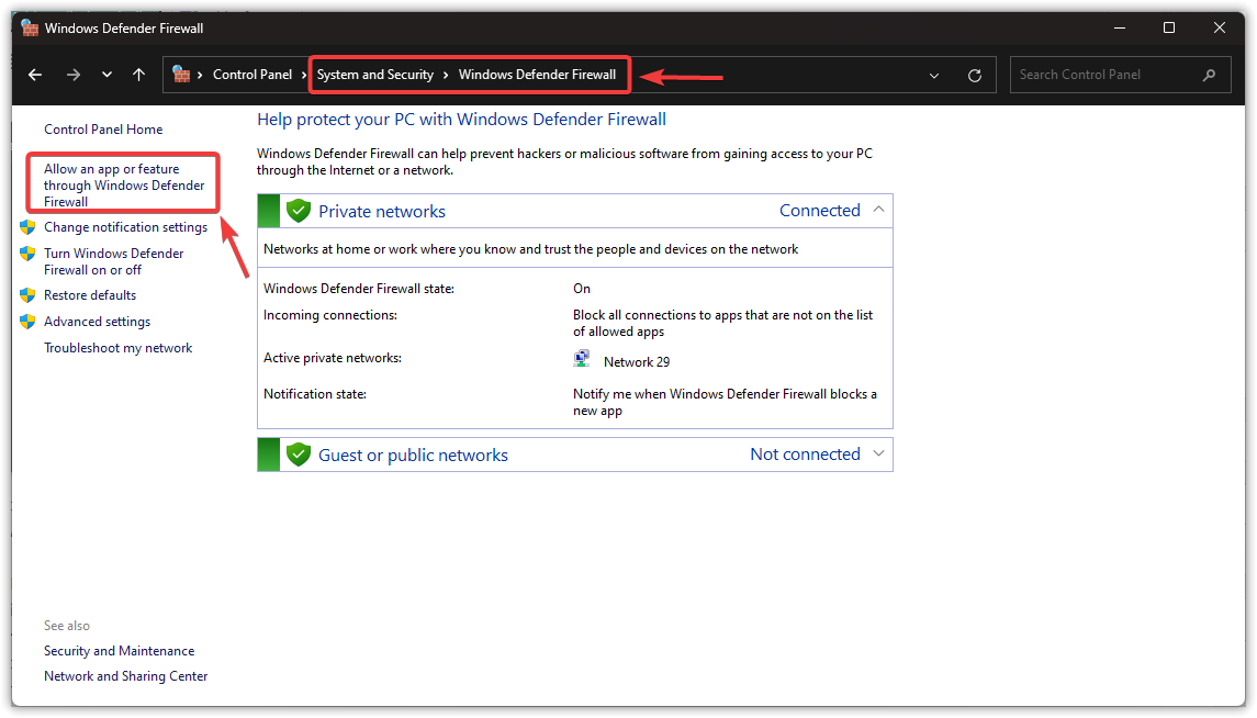 خيار السماح للتطبيقات عبر جدار الحماية