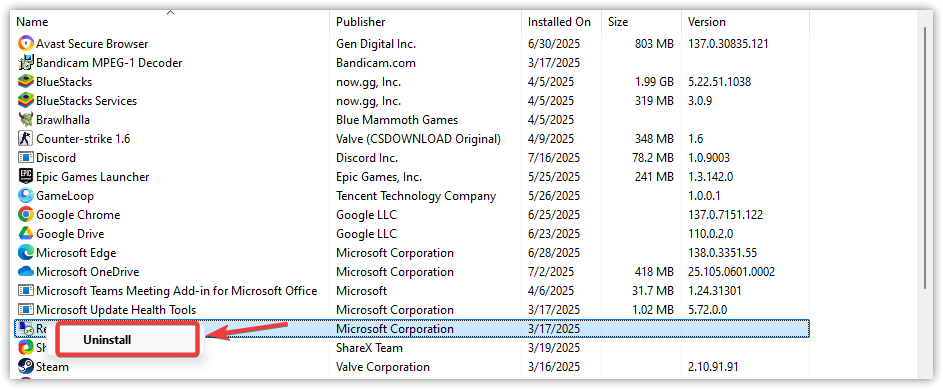 نافذة البرامج والميزات في Windows تعرض Riot Vanguard المحدد مع خيار إلغاء التثبيت المميز.
