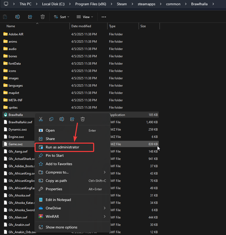 قائمة النقر بزر الماوس الأيمن التي تظهر خيار 'تشغيل كمسؤول'