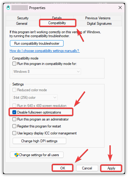 نافذة خصائص Windows تظهر علامة التبويب التوافق مع تحديد خيار تعطيل تحسينات وضع ملء الشاشة