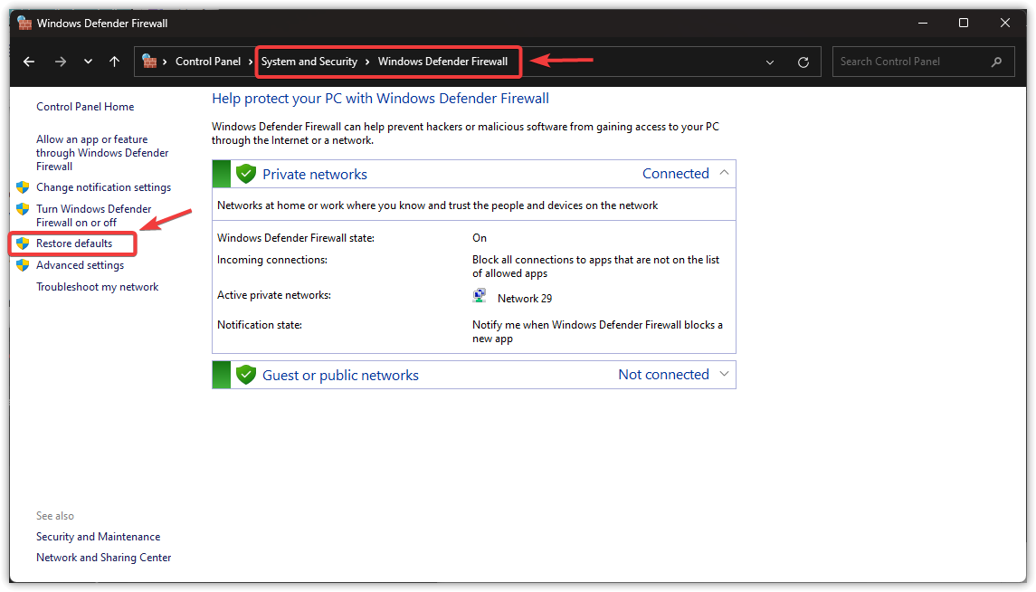 خيار استعادة الإعدادات الافتراضية لجدار الحماية