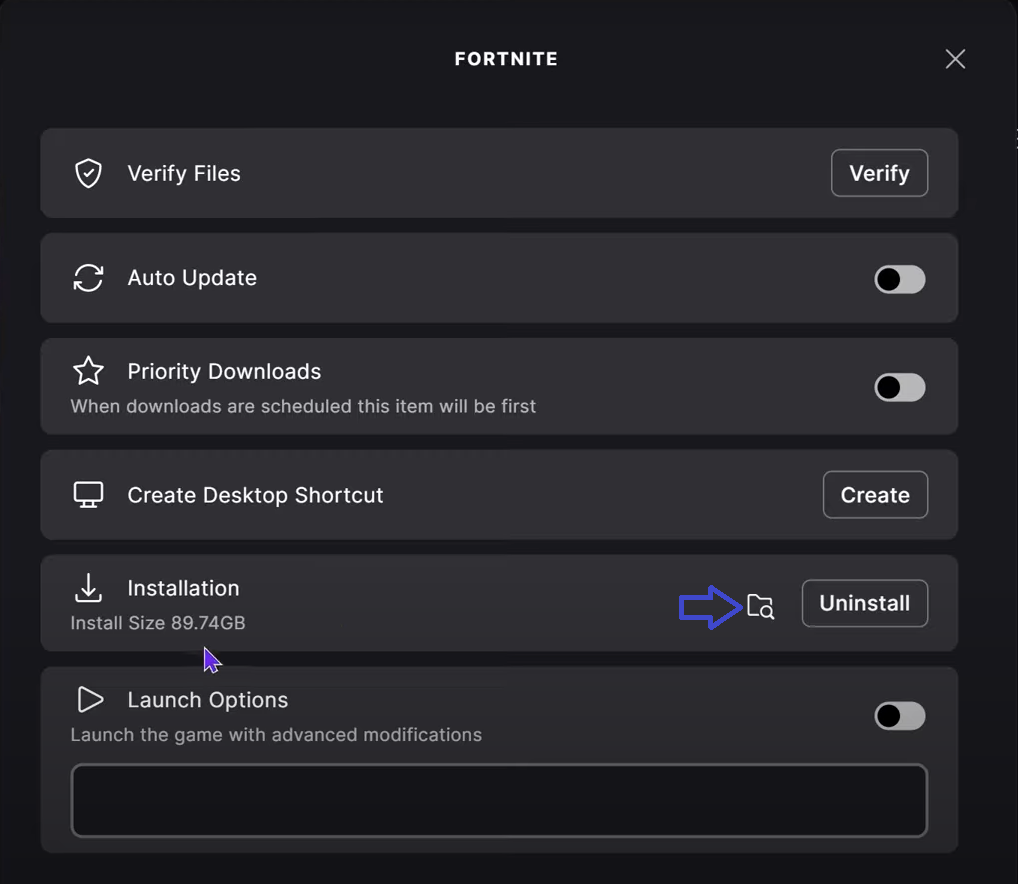 خيار المجلد في Epic Games Launcher