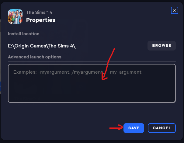 خيارات تشغيل EA App لـ The Sims 4