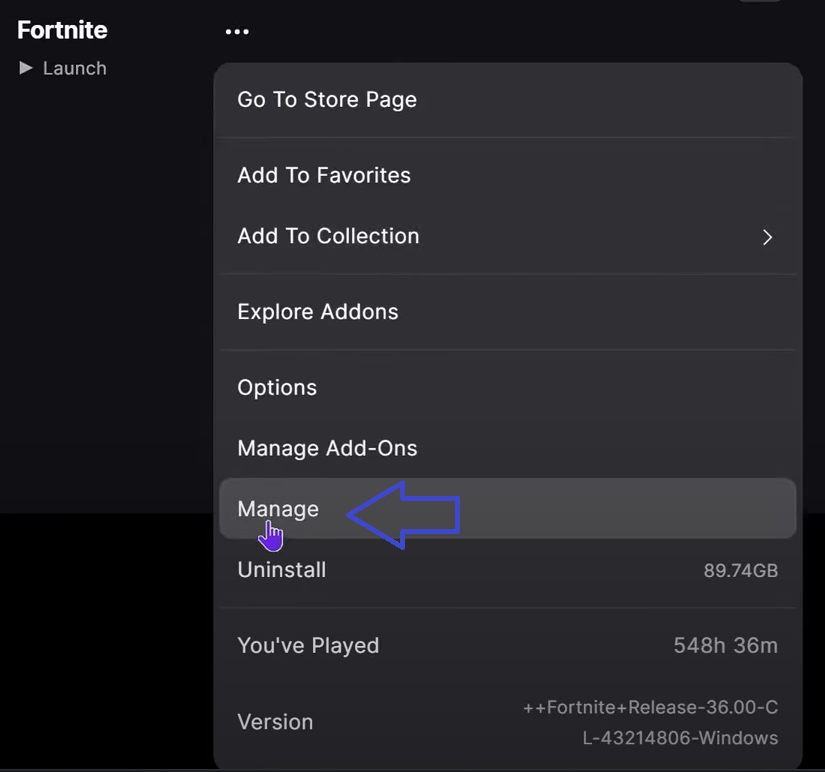 خيار إدارة Fortnite