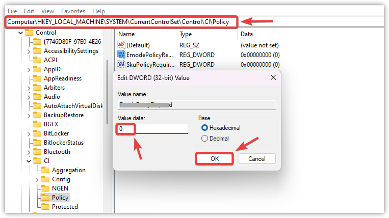 محرر سجل Windows يظهر المسار CIPolicy مع تعيين إدخال DevOverrideEnable إلى 0.