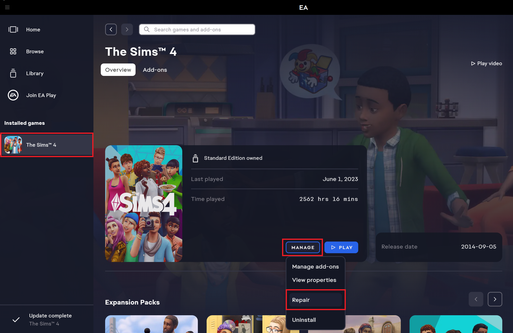 إصلاح The Sims 4 في EA App