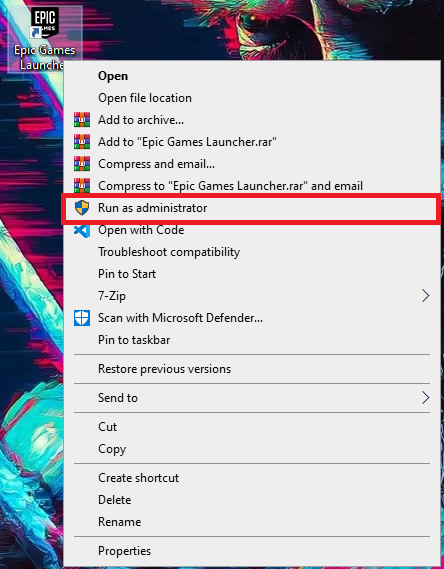 تشغيل Epic Games Launcher كمسؤول