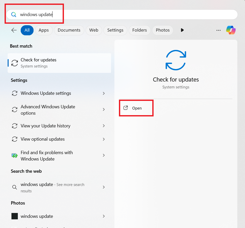 ابحث عن Windows Update
