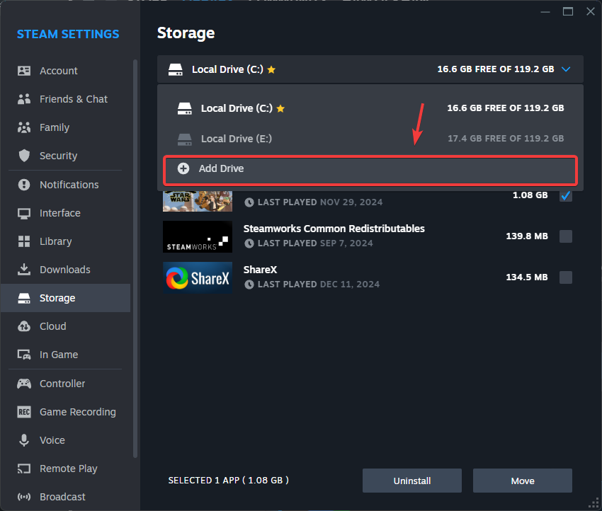 إضافة محرك أقراص في Steam