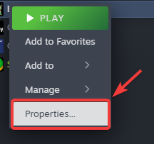 Steam game menu showing Properties option highlighted