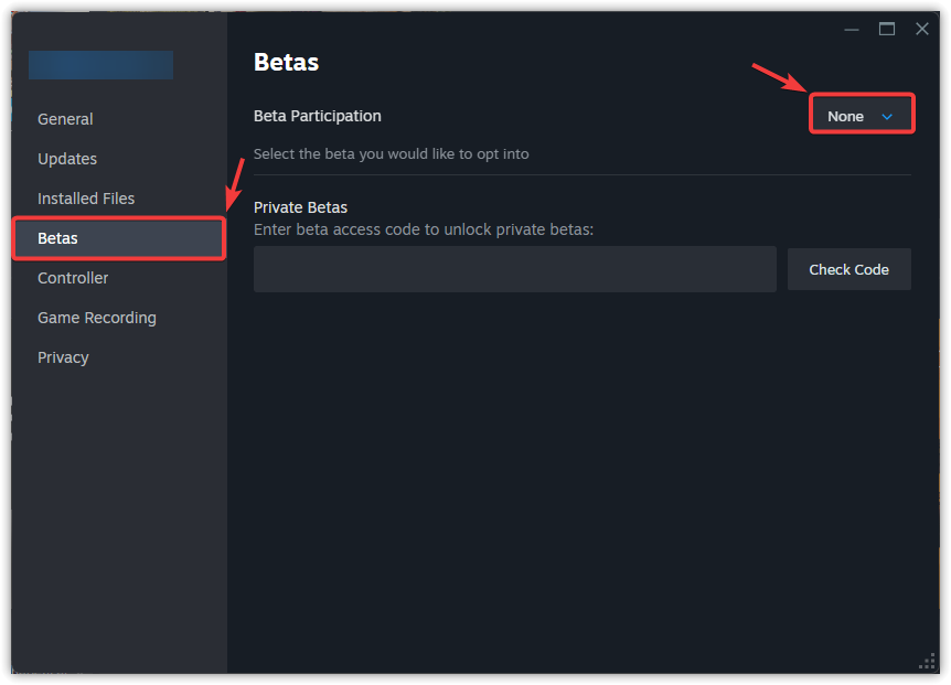 اختيار إلغاء الاشتراك في إصدار Steam التجريبي