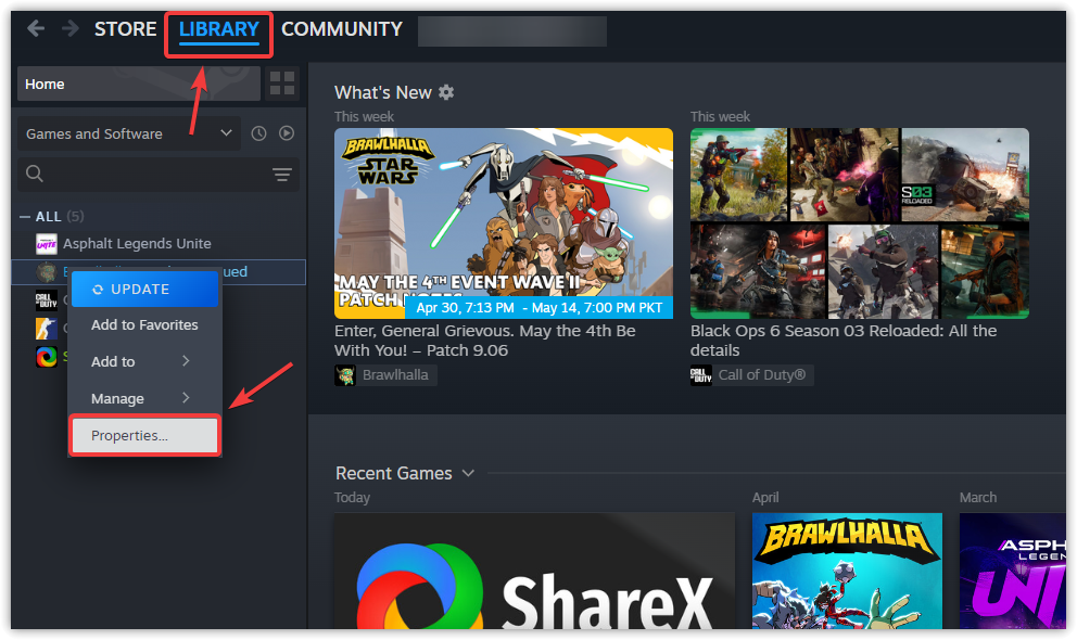 قائمة خصائص لعبة Steam