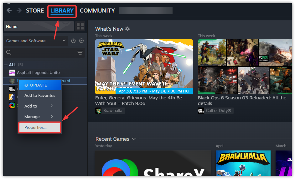قائمة خصائص لعبة Steam