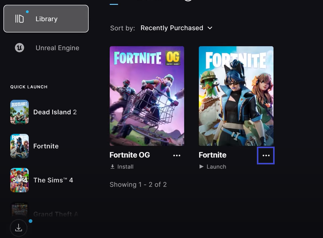 خيار النقاط الثلاث في Epic Games Launcher