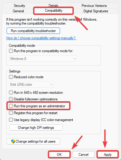 تعطيل التشغيل كمسؤول في إعدادات التوافق