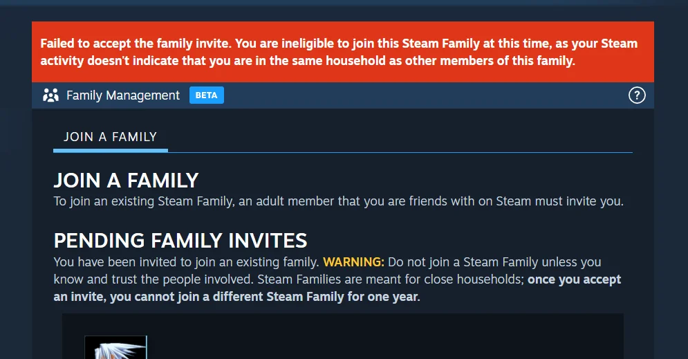 خطأ Steam Family