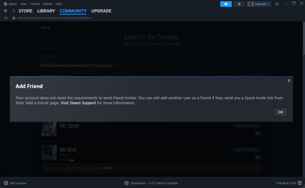 Error adding friends on Steam