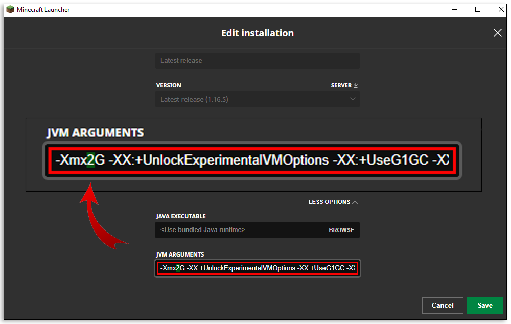 Minecraft Launcher More Options يظهر وسائط JVM وتقليل تخصيص ذاكرة الوصول العشوائي Xmx