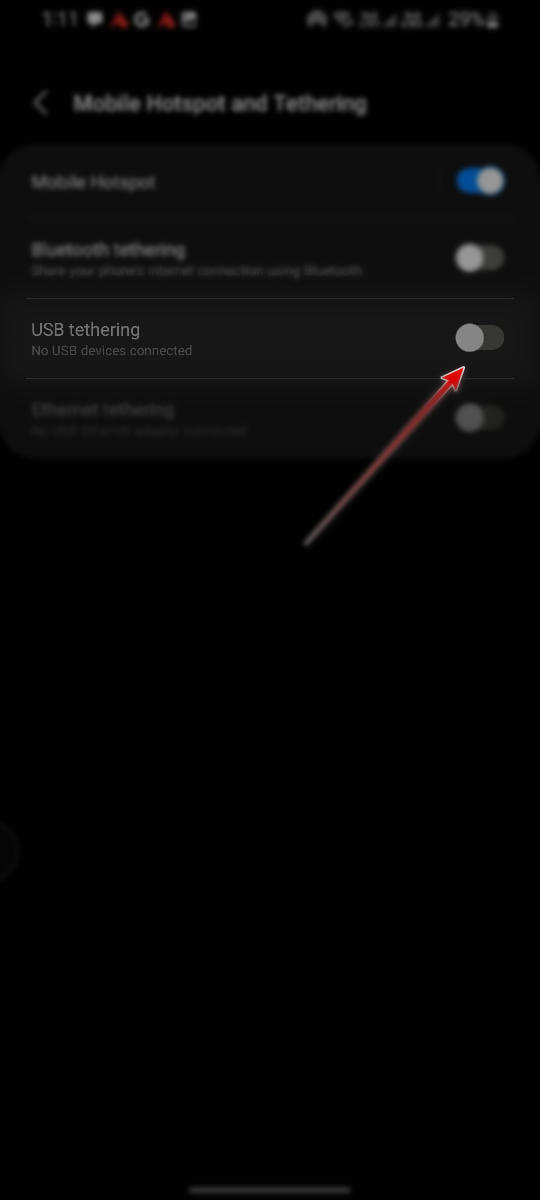 تمكين USB tethering