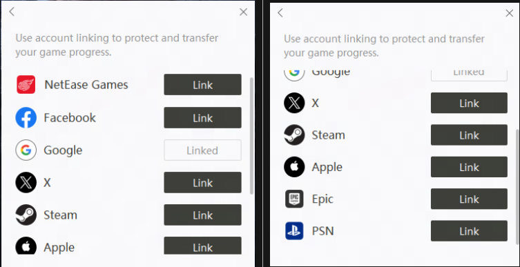 خيارات الحسابات للربط في Where Winds Meet