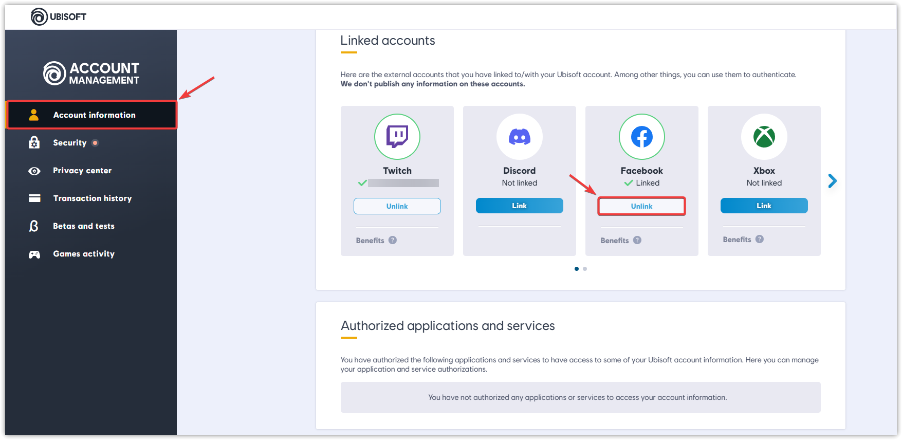 واجهة إدارة حسابات Ubisoft المرتبطة