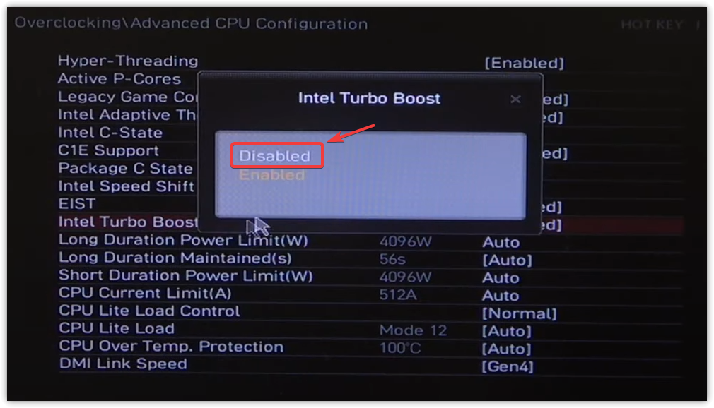 تعطيل Intel Turbo Boost في BIOS